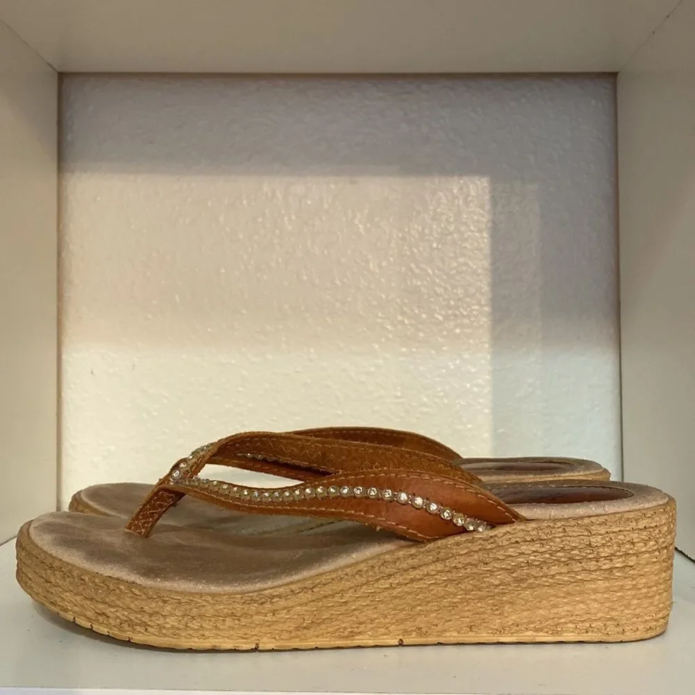 Sbicca Wedge Rhinestone Brown Thong Flip Flop Sandals